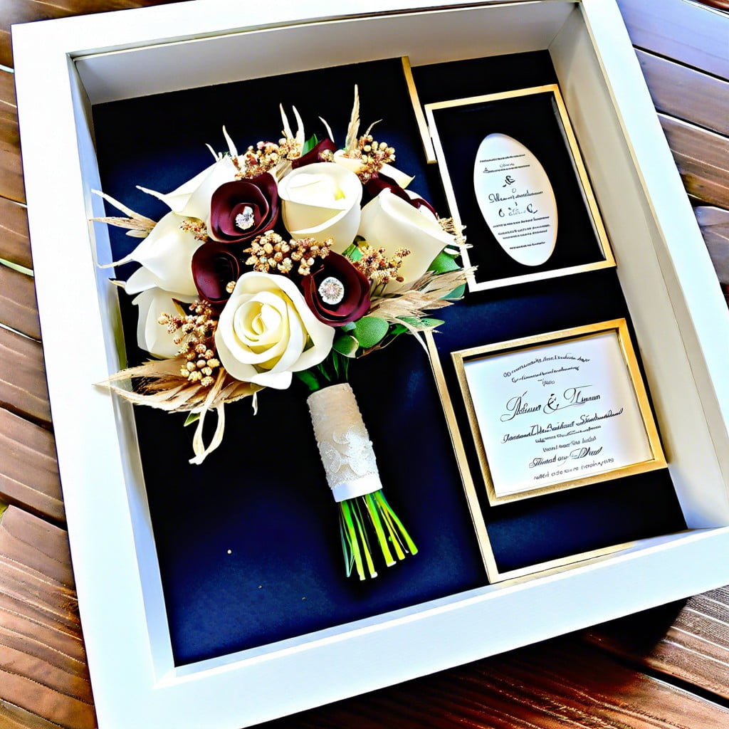 wedding memorabilia invitation photo and dried bouquet