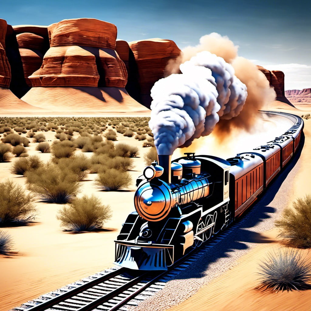 western train chugging through desert