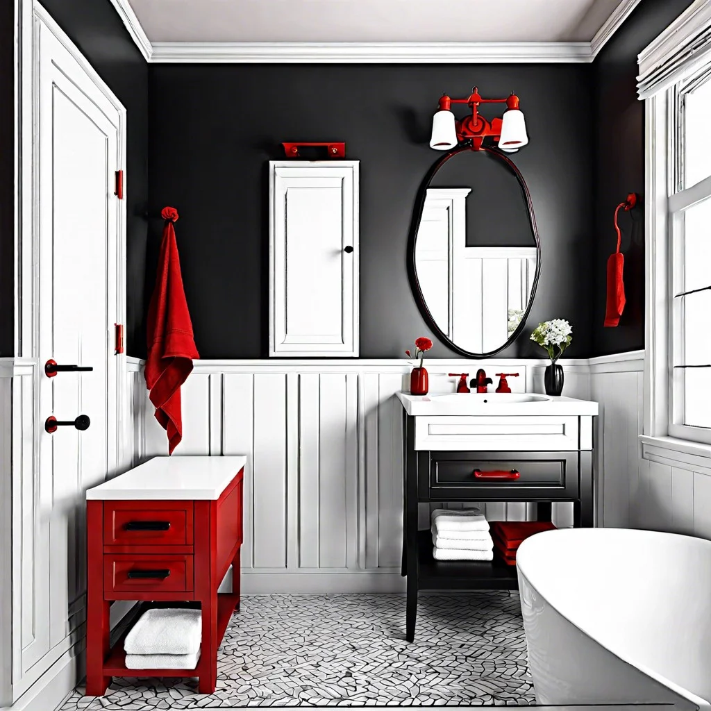 white bathroom vanity with red hardware