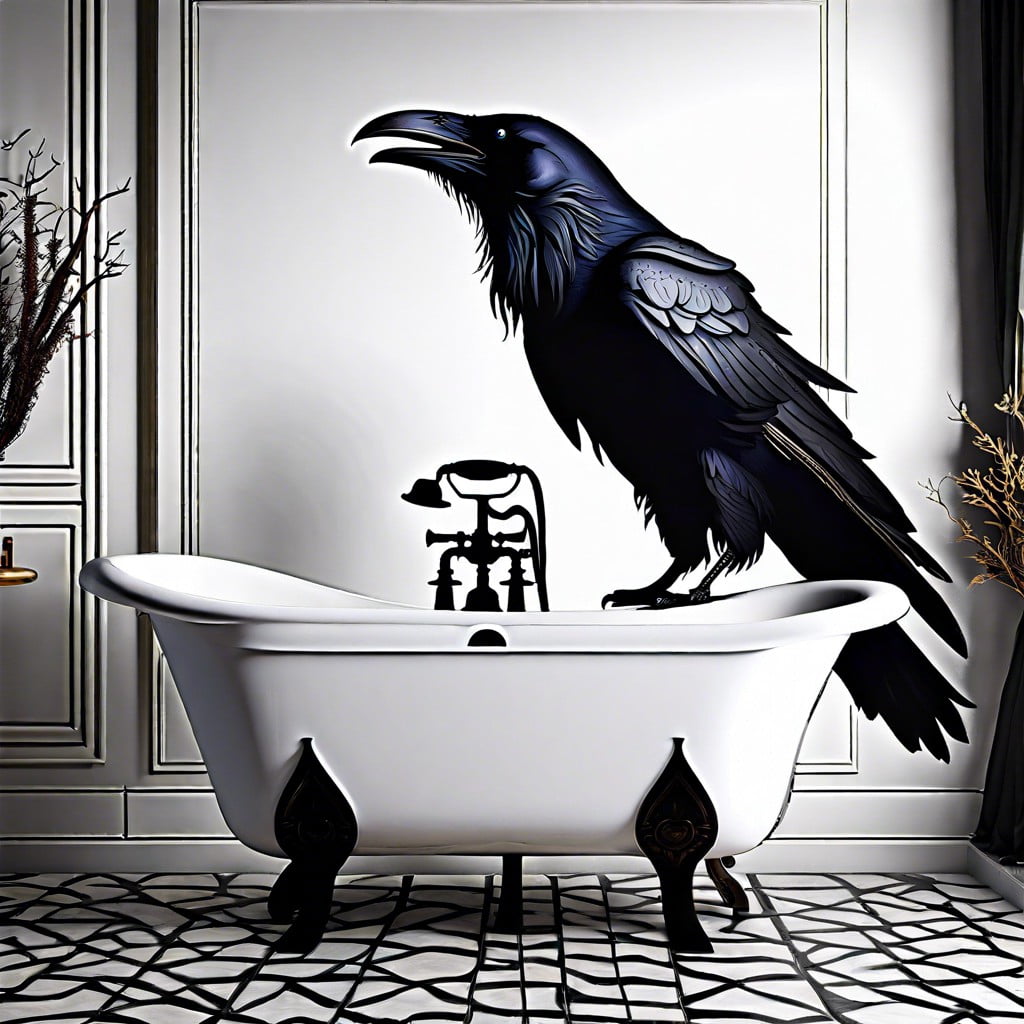 white freestanding tub with raven themed fixtures