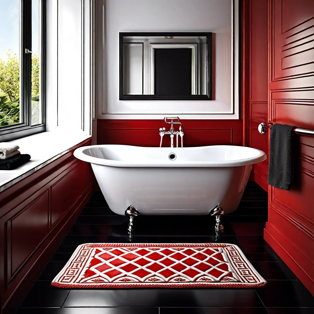 white porcelain tub with red bathtub mat