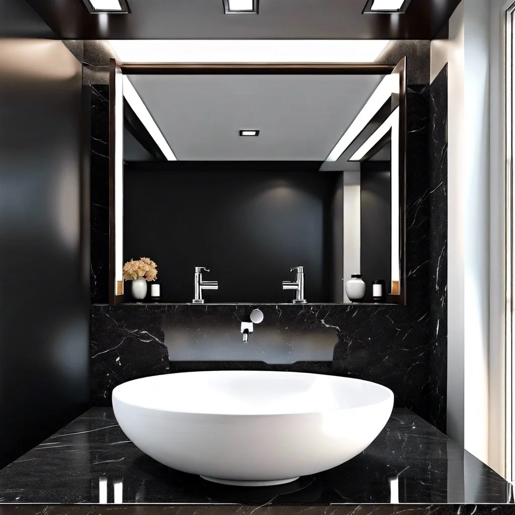 white sink with a black granite surround