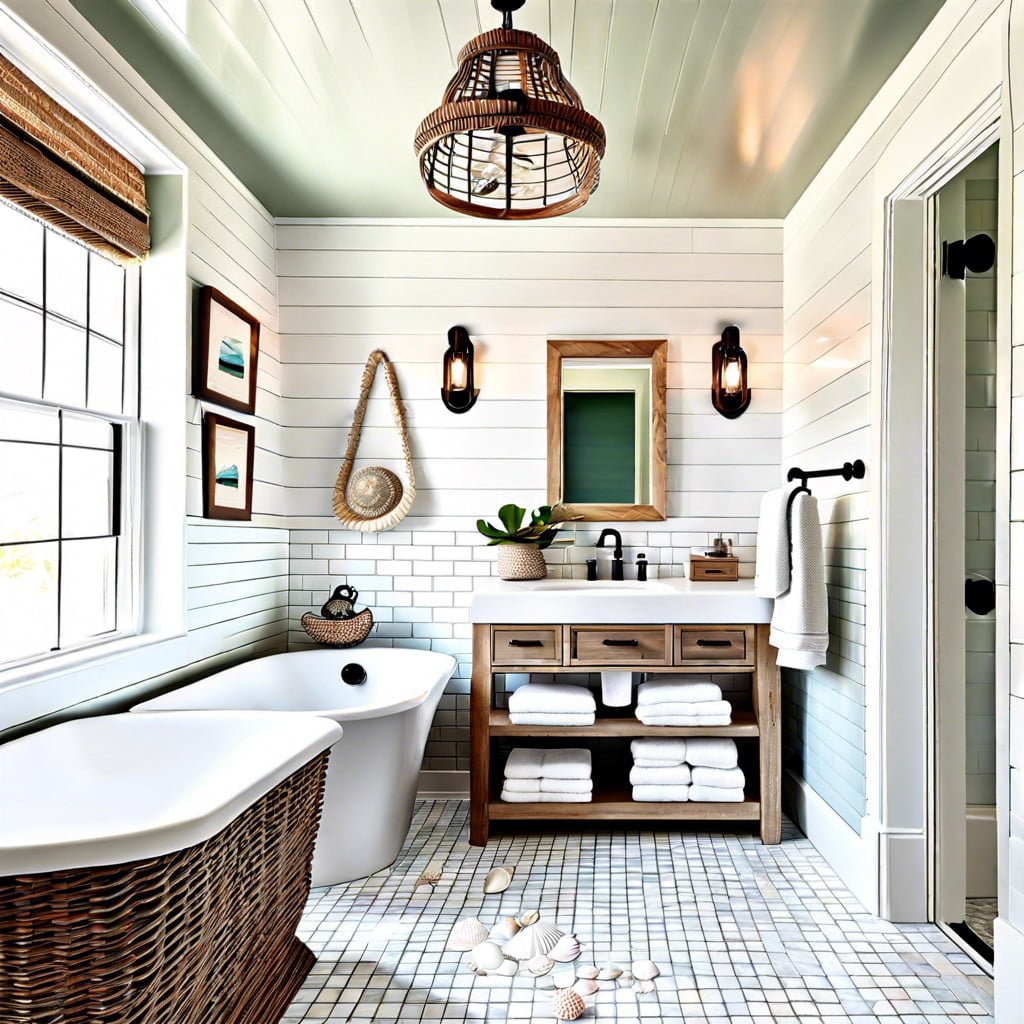 white subway tiles with seashell accents