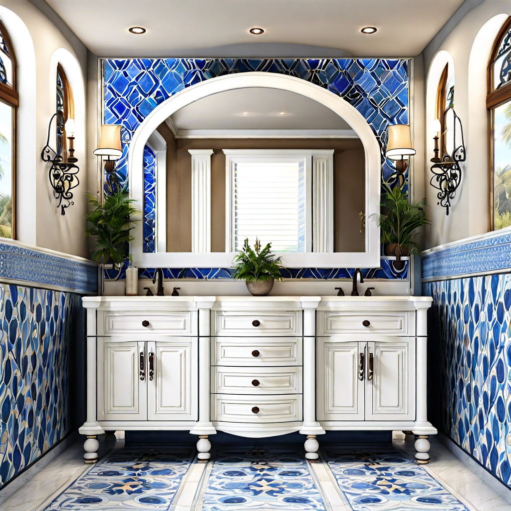 white vanity with blue mediterranean patterns