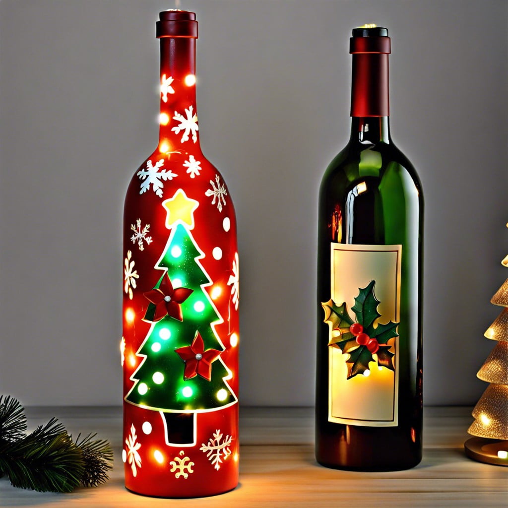 wine bottle with holiday themed lights