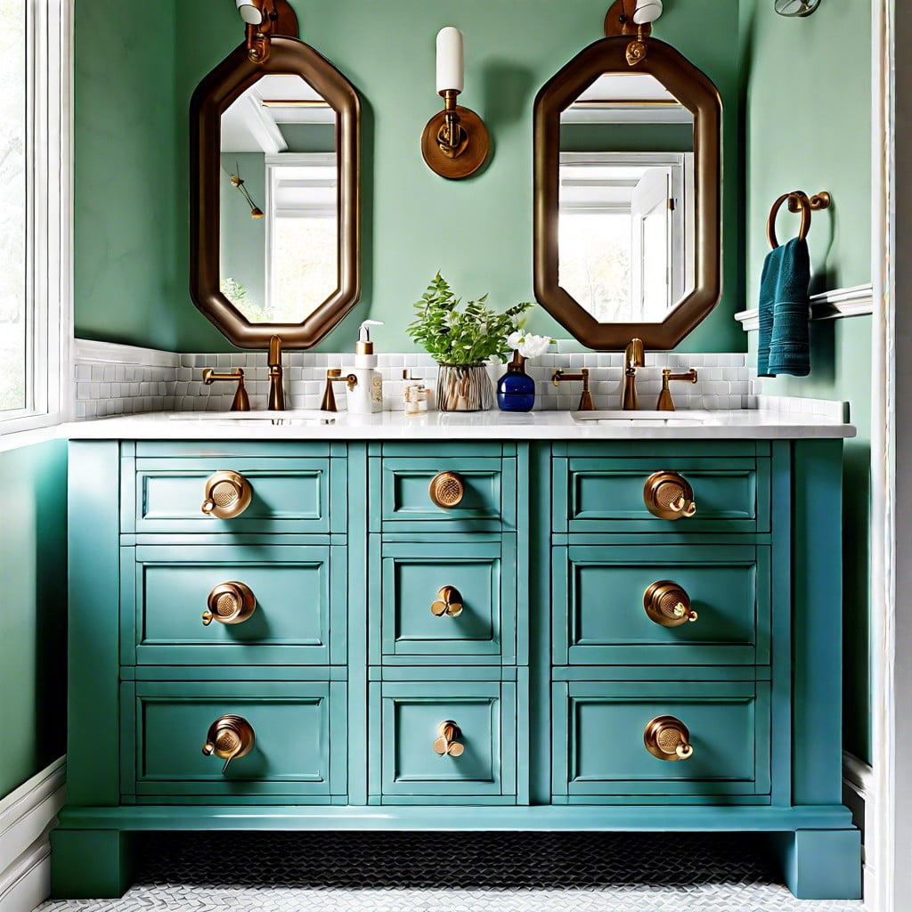 add funk with a blue green vanity boasting quirky knobs