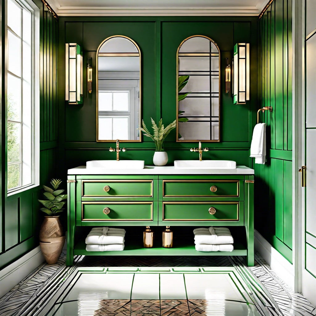 art deco inspired green vanity bathroom