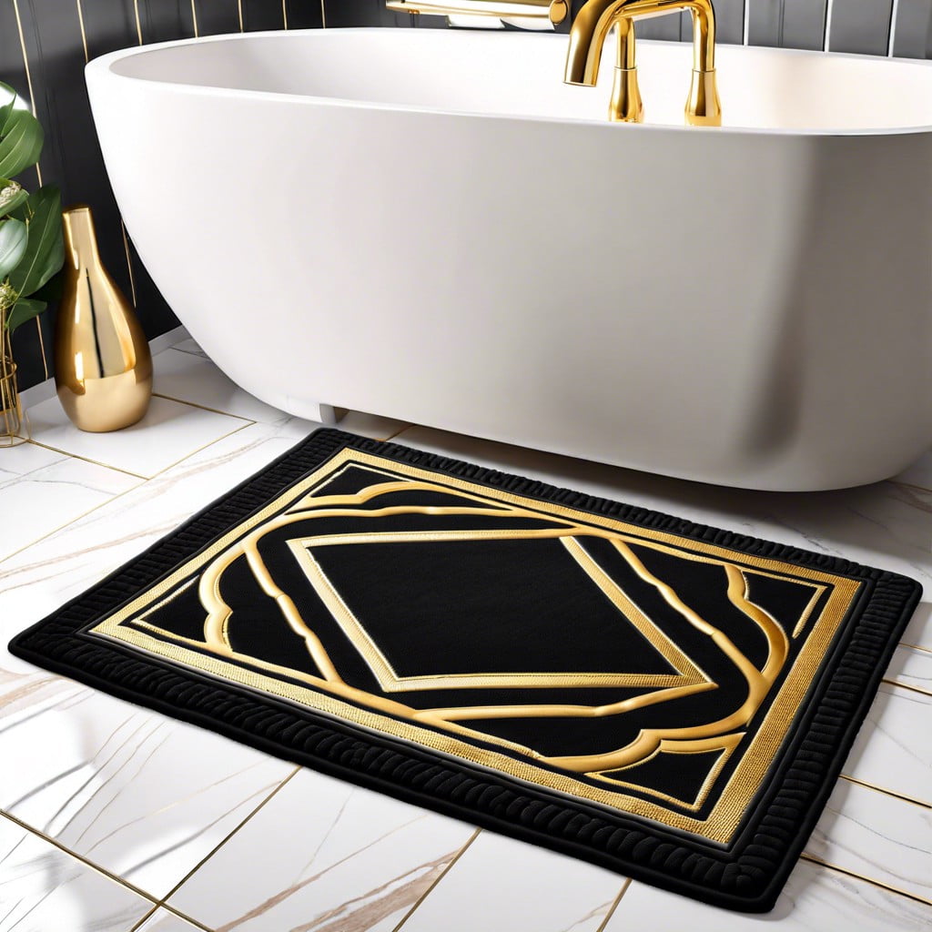 black bathroom mat with gold trim