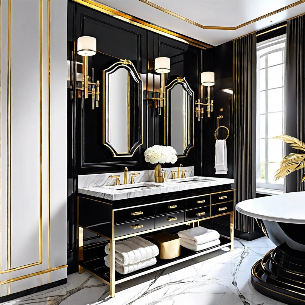 black lacquer vanity with gold fixtures