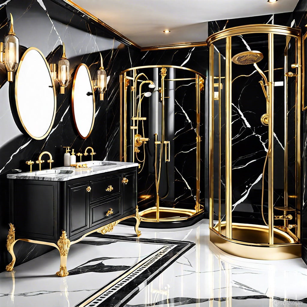 black marble countertops with gold fixtures