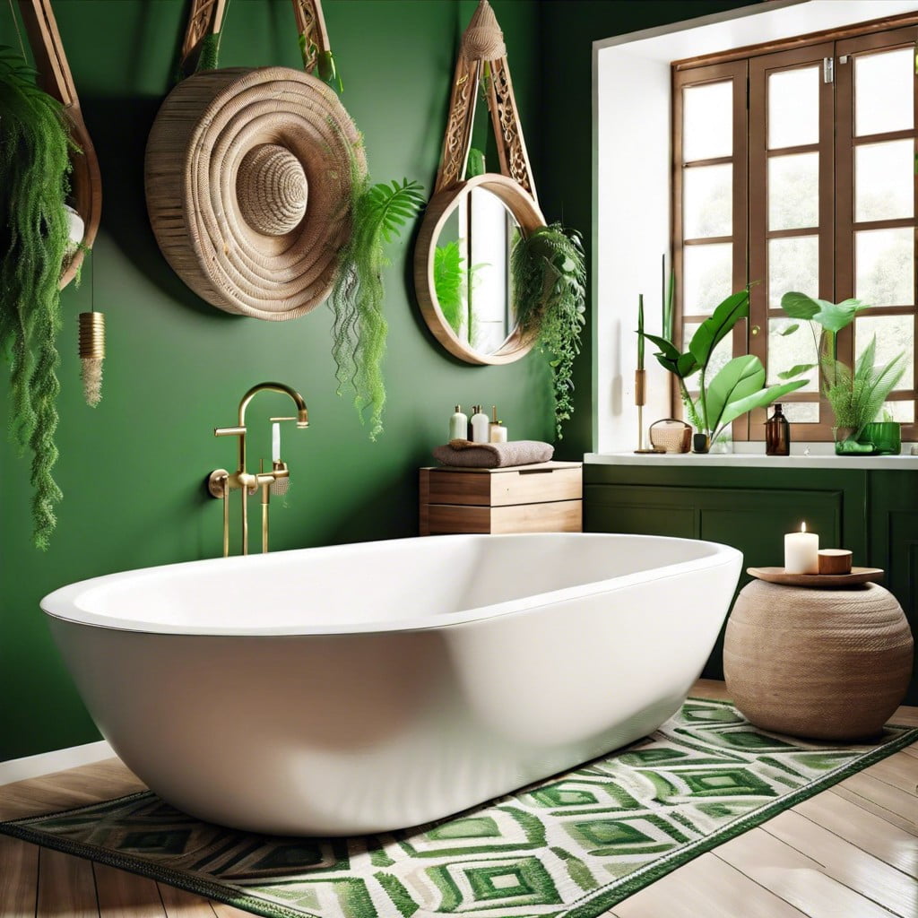 bohemian bathroom with green details