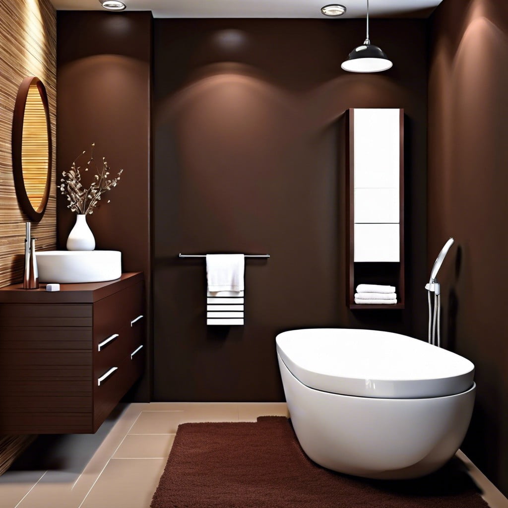 bold bathroom dark brown walls with bright furniture