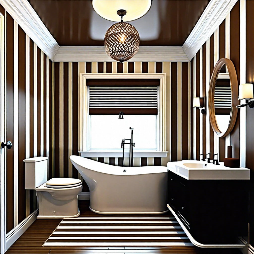 brown and white striped bathroom wallpaper