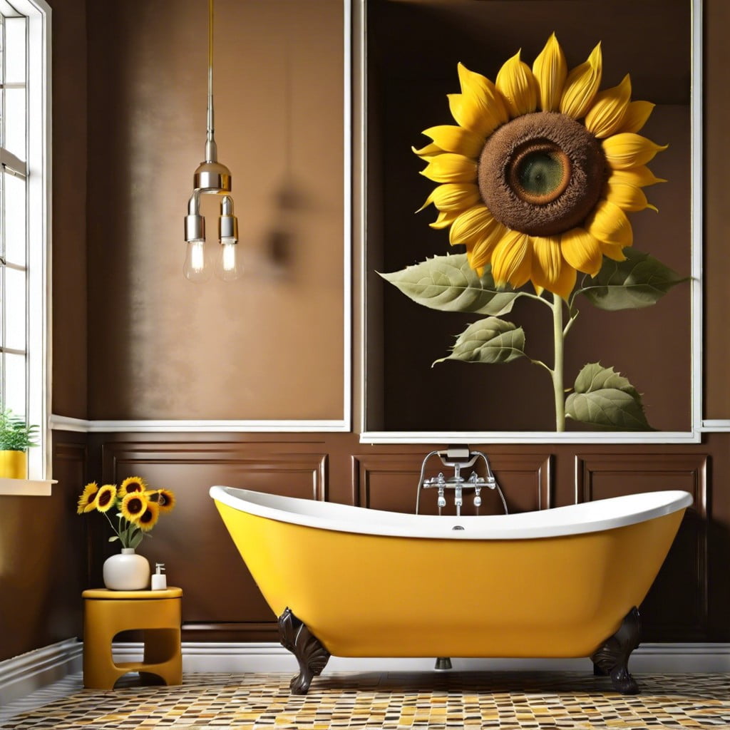 brown and yellow sunflower themed bathroom