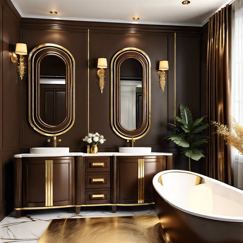 brown bathroom with gold accents