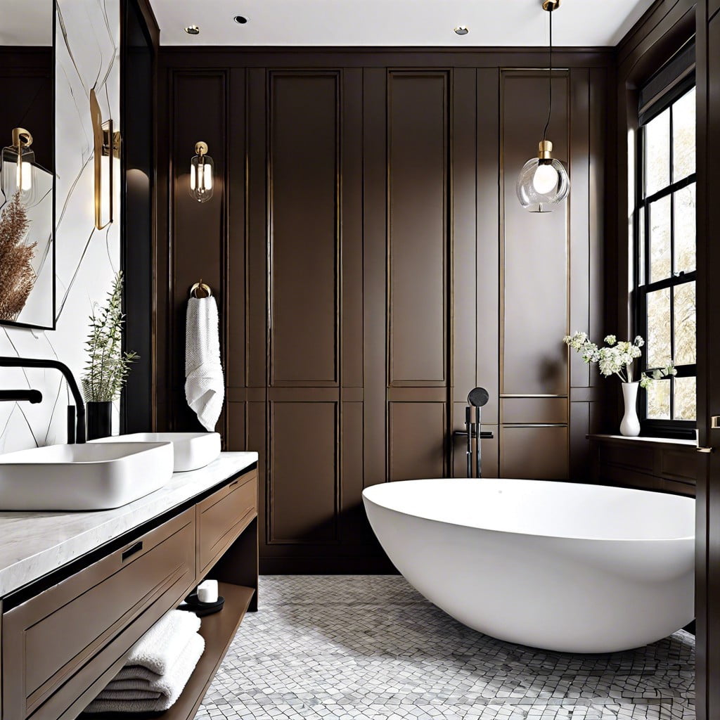 brown bathroom with monochrome accents