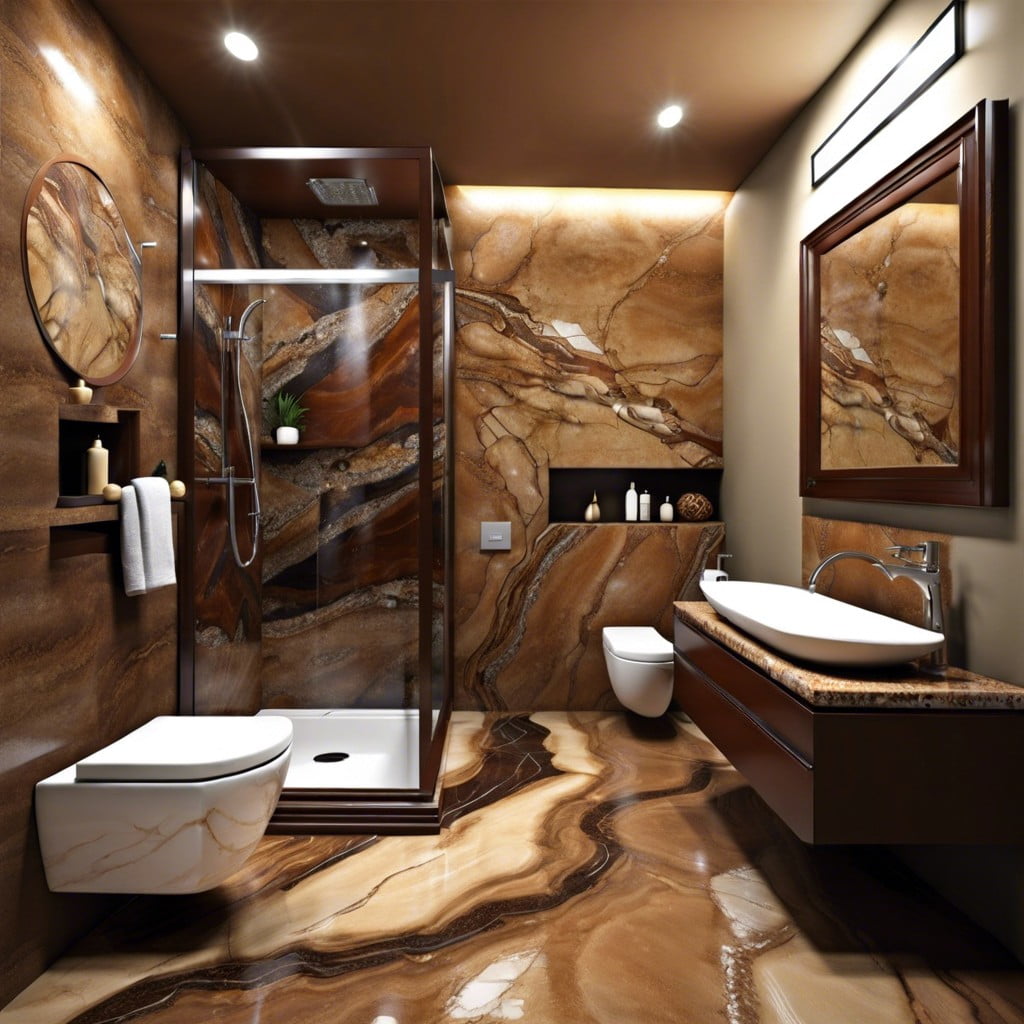 brown bathrooms with exotic stone accents