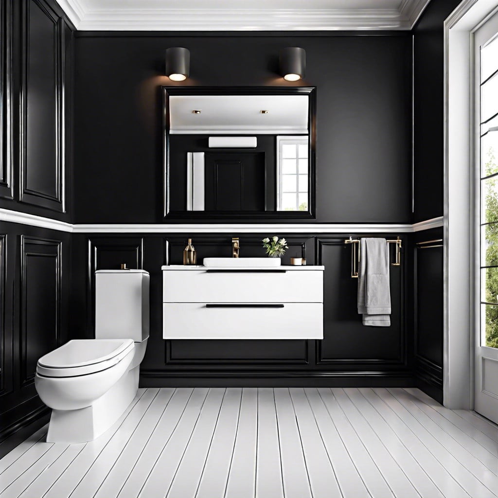 classy white baseboards in black bathrooms