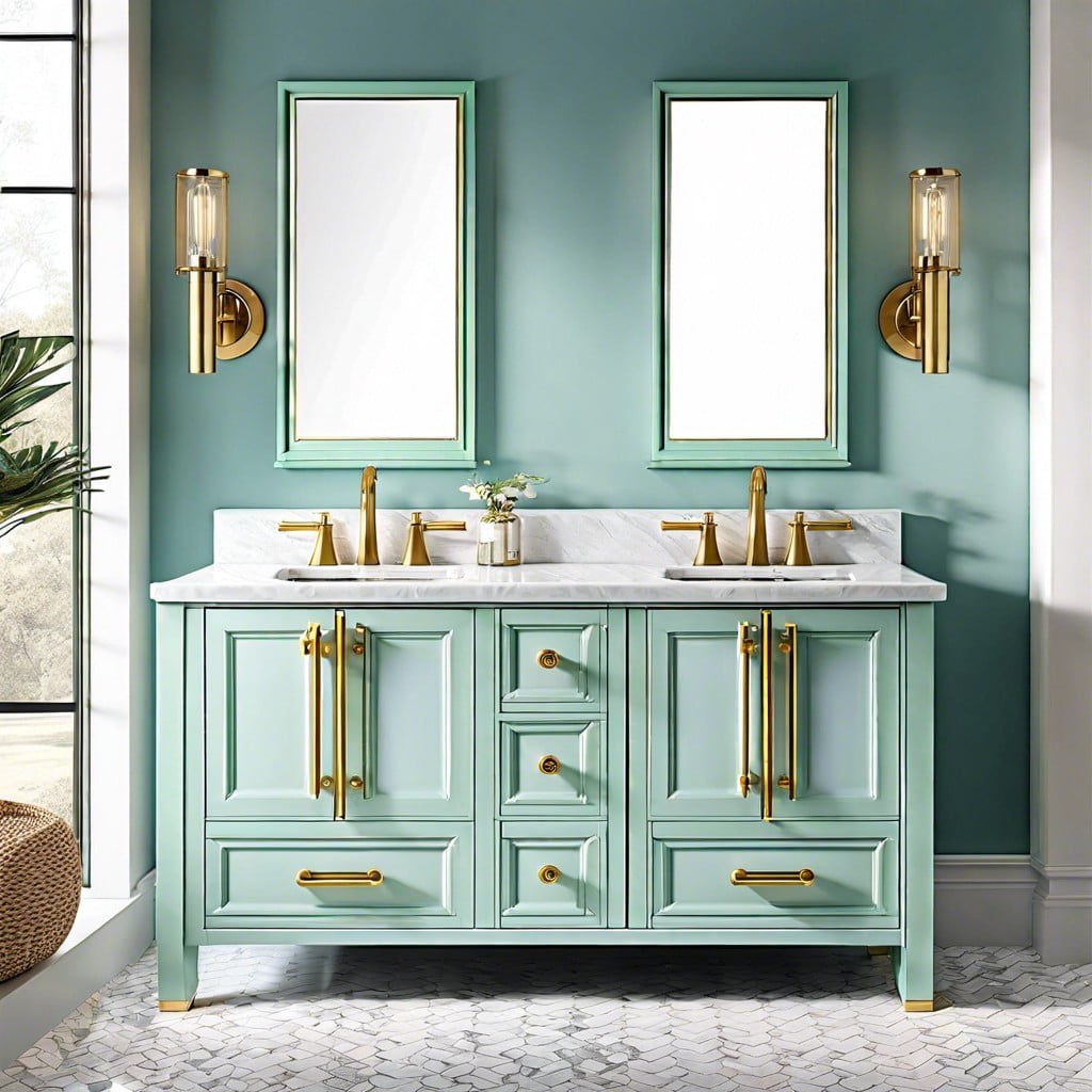 complement a seafoam blue vanity with brass fixtures