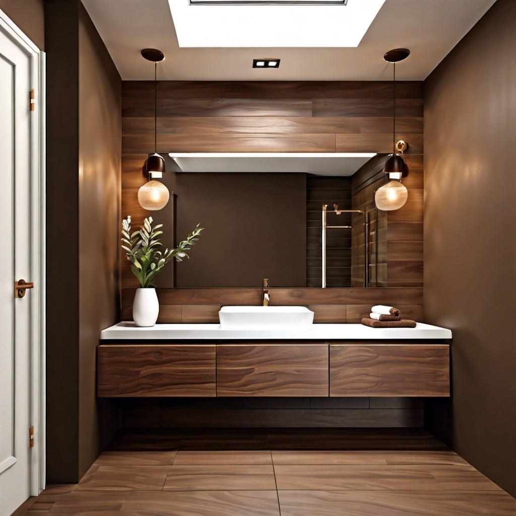 contemporary bathroom with walnut finishes
