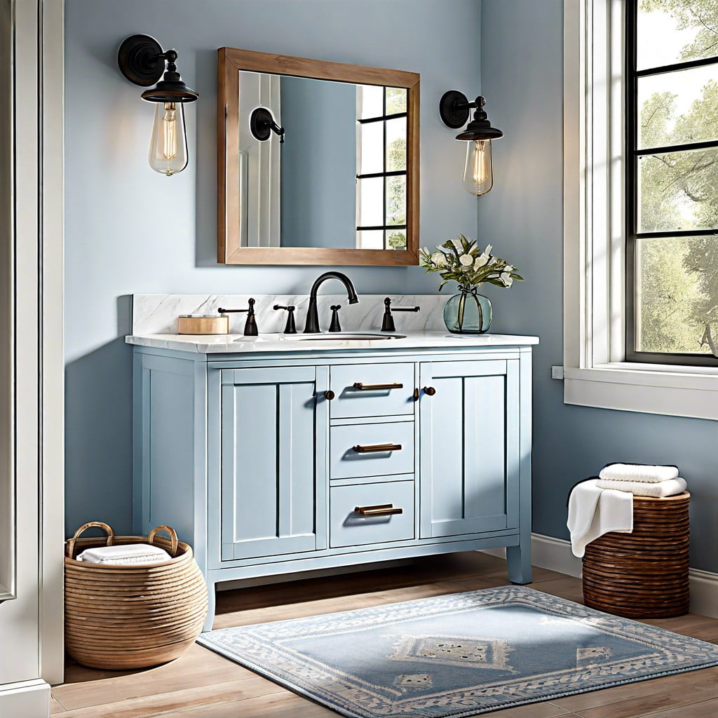 enjoy a modern farmhouse feel with a powder blue vanity