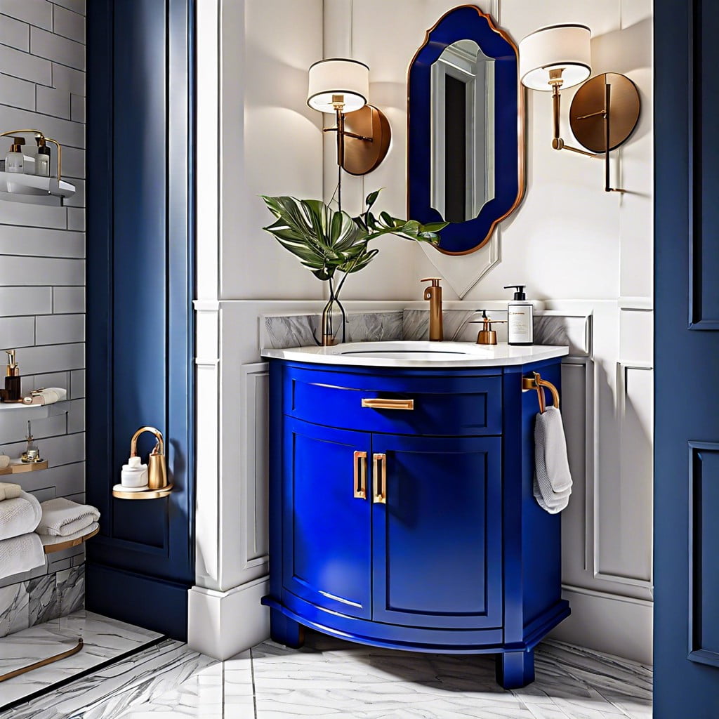 flaunt your clever use of space with a corner style cobalt blue vanity