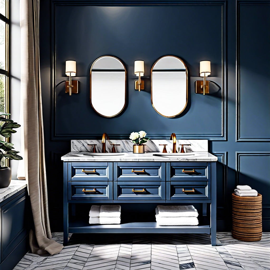 focus on luxury with a denim blue vanity paired with a marble top