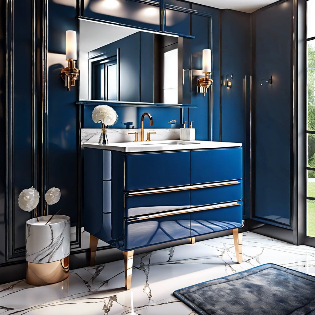 go chic with a shiny glossy blue bathroom vanity