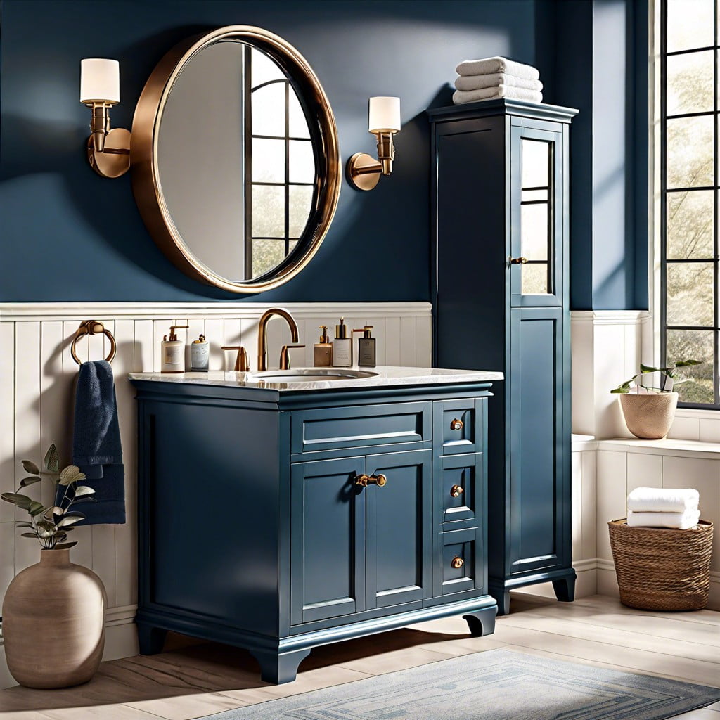 go earthy with a prussian blue vanity against neutral walls