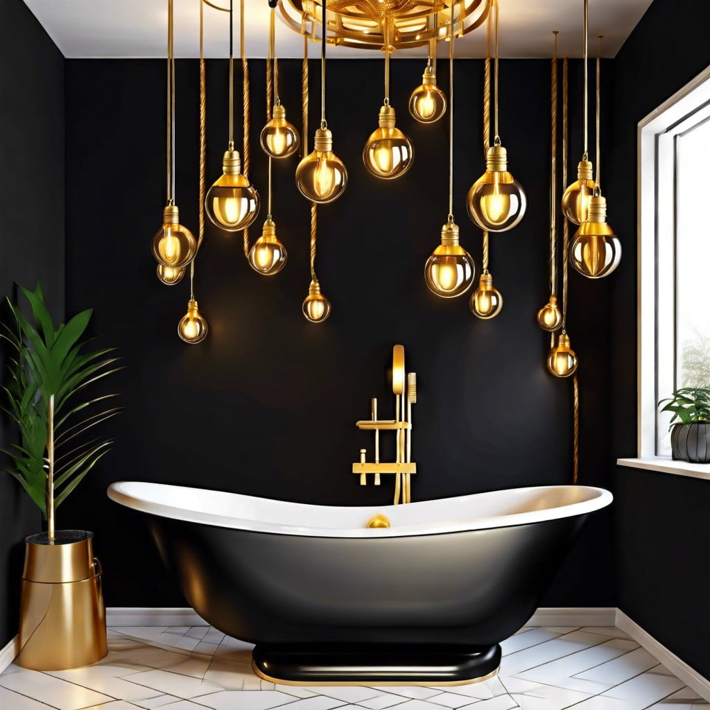 hanging golden bulbs over black bathtub