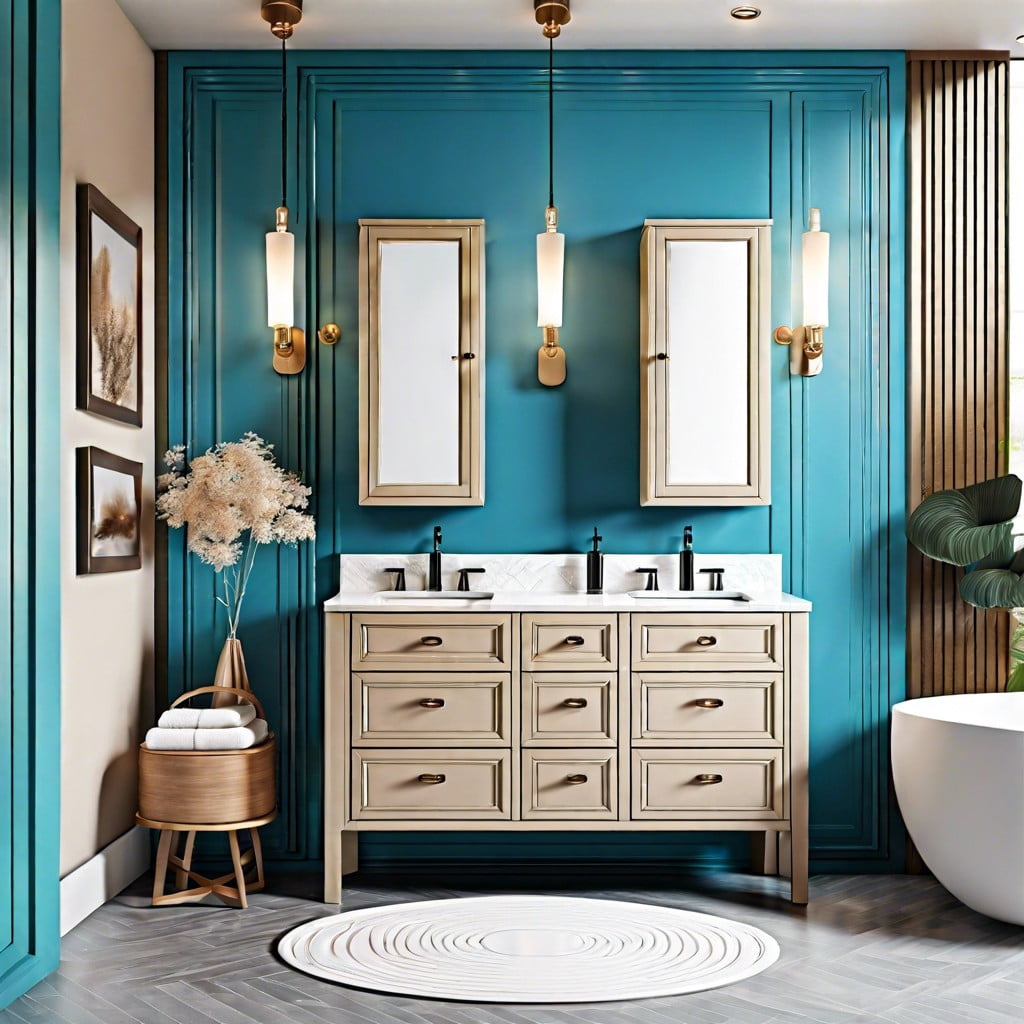 harmonize a cyan blue vanity with beige accents
