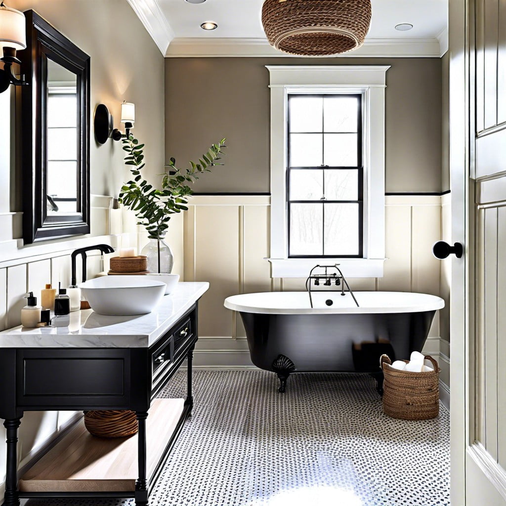 high contrast baseboards in neutral bathrooms