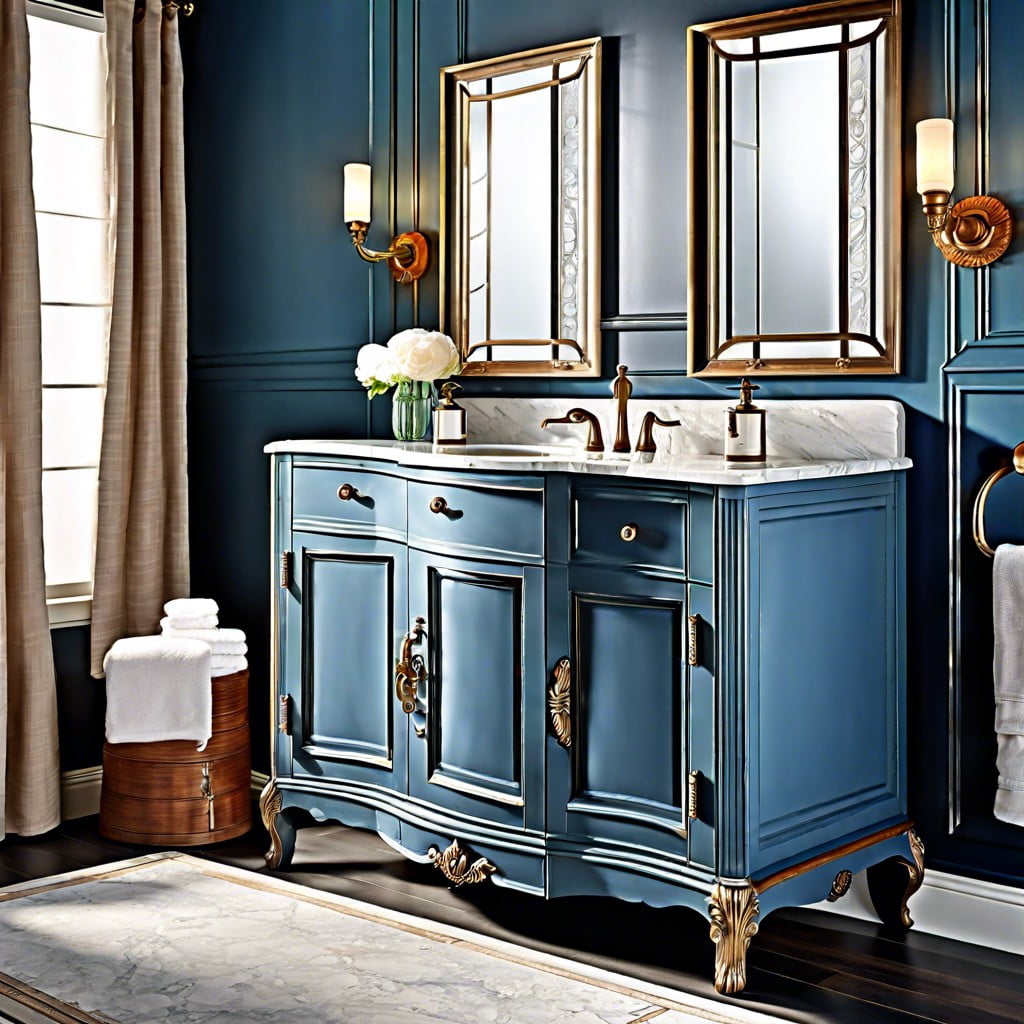 highlight an antique blue vanity with modern fixtures