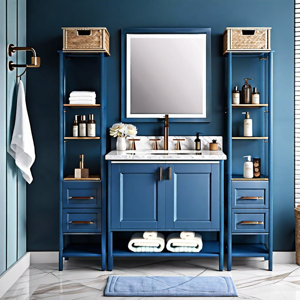 merge utility and decor with a blue vanity featuring bottom racks