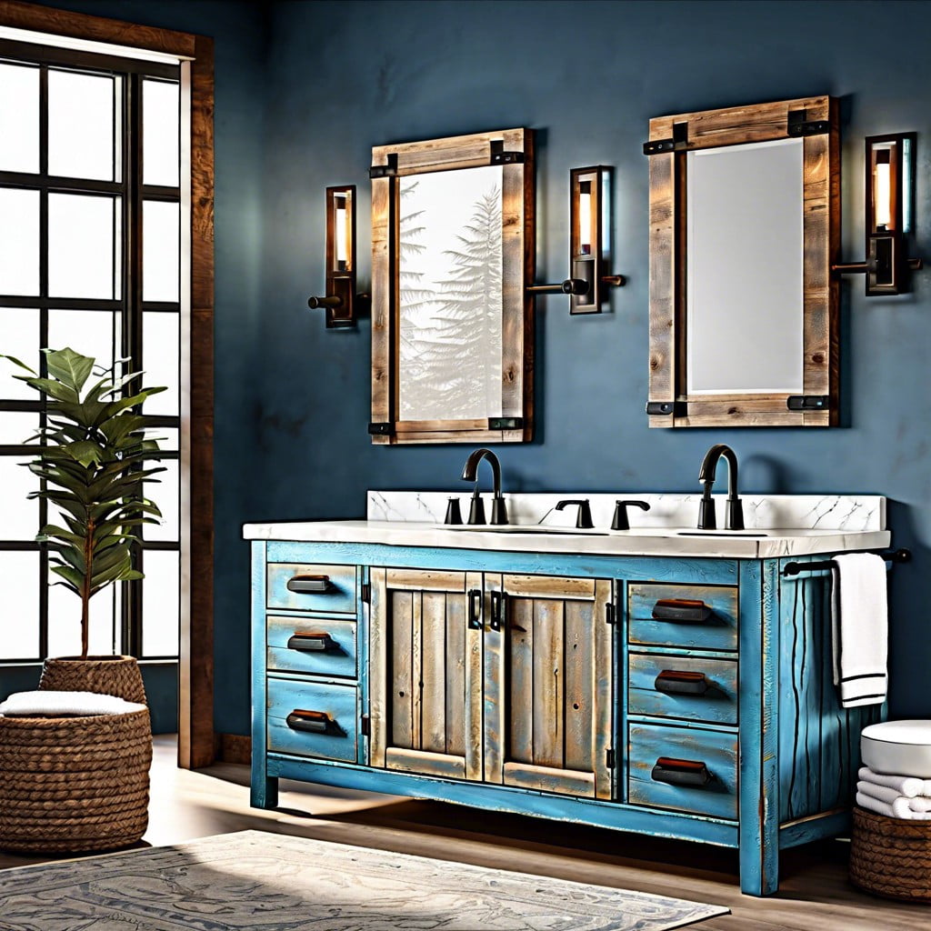 mix rustic and modern with a distressed blue bathroom vanity