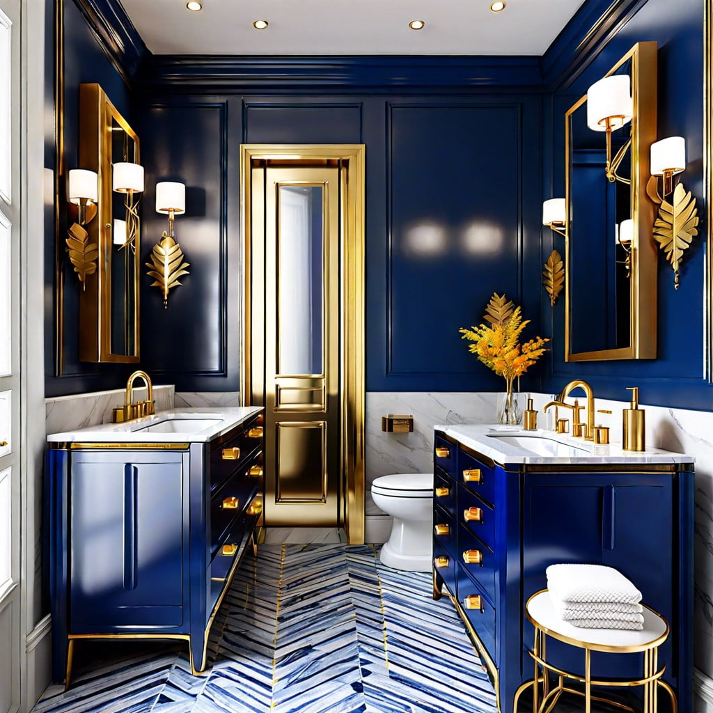 opt for a regal profile with a sapphire blue vanity and gold accents