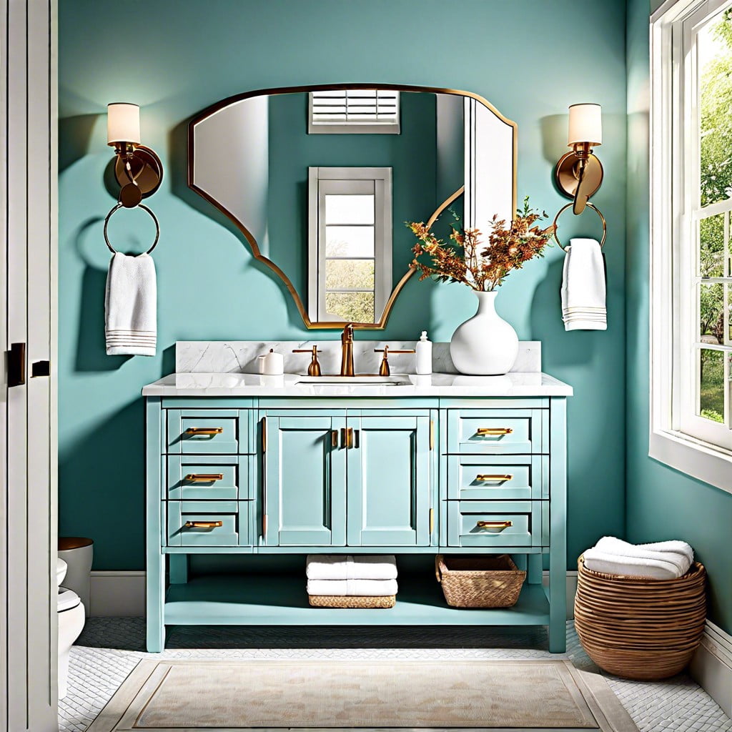 opt for a robins egg blue vanity with a white countertop