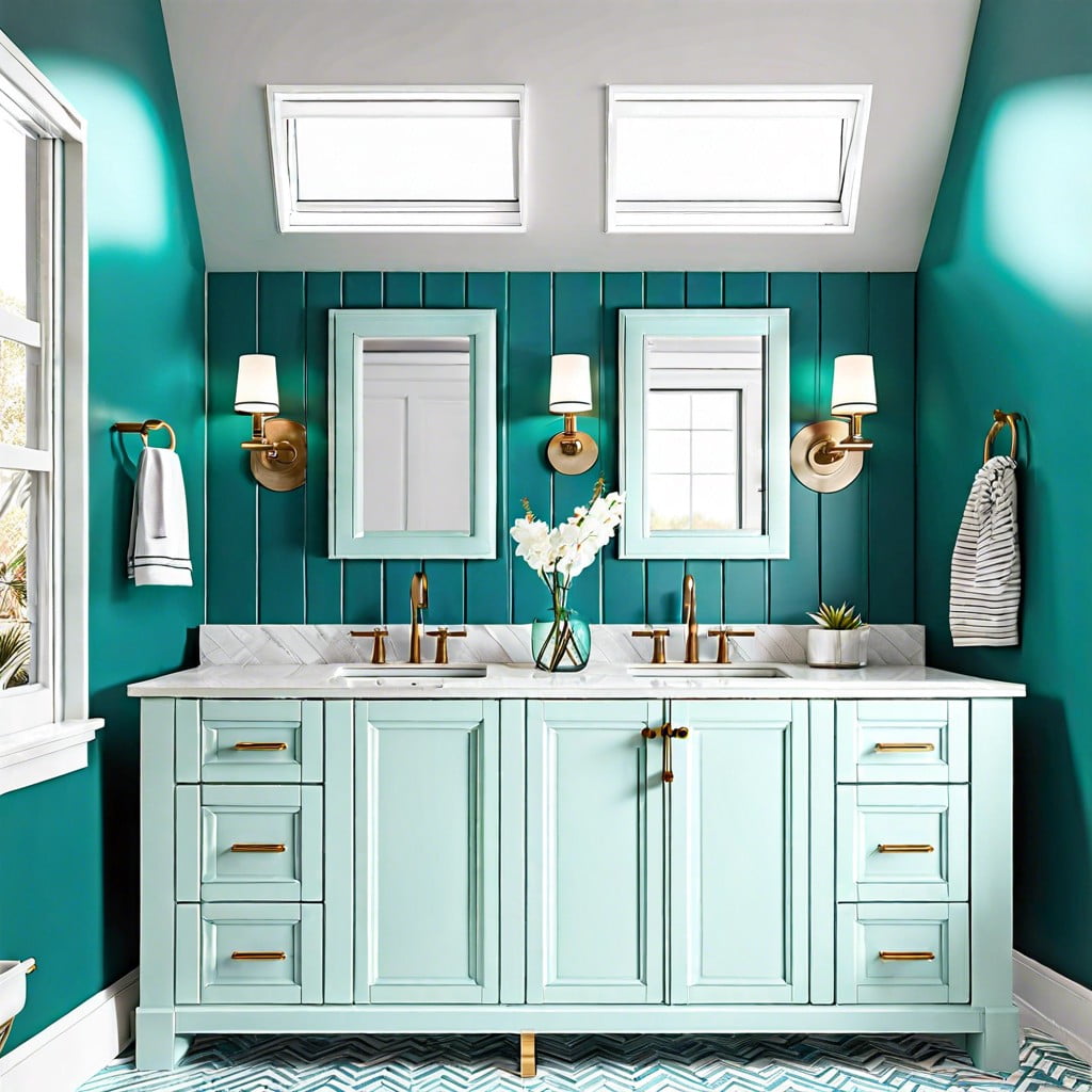 pair a teal blue vanity with white fixtures for coastal vibes