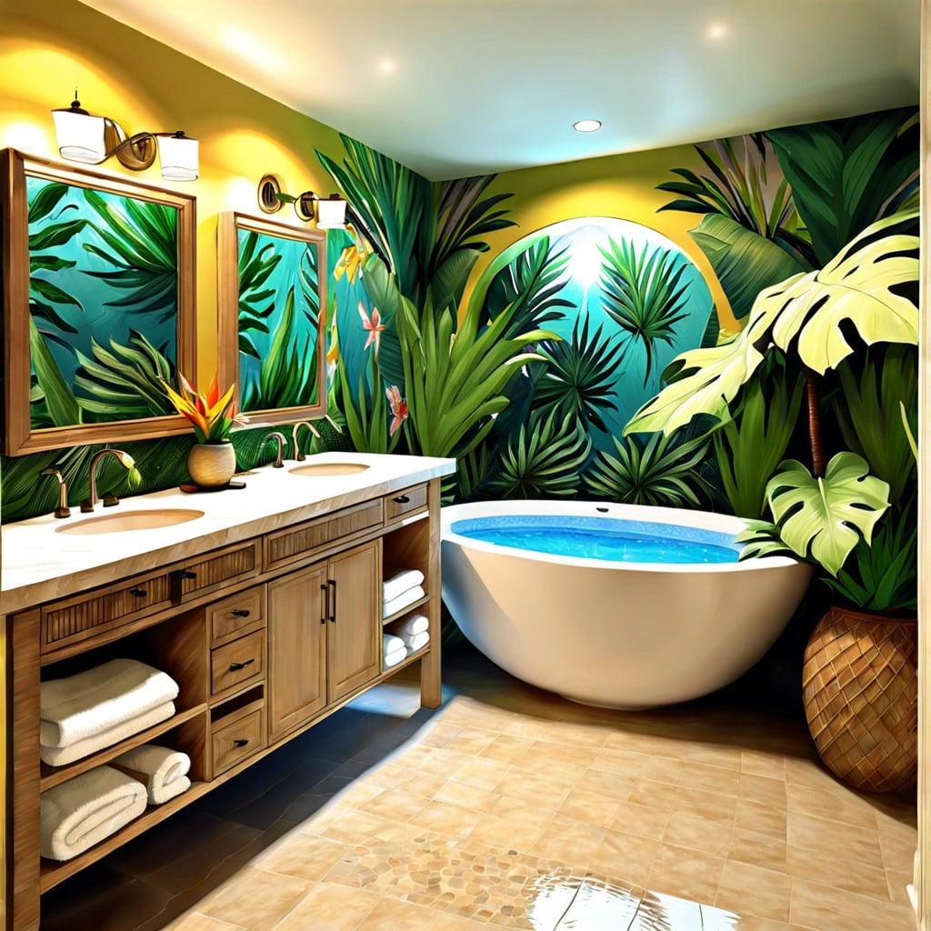 tropical themed pool bathroom decor