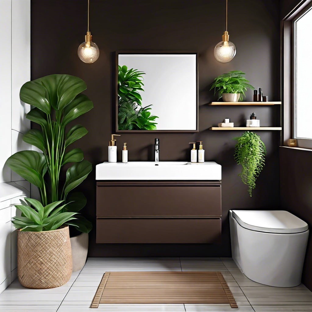 a pop of green plants against dark brown vanity