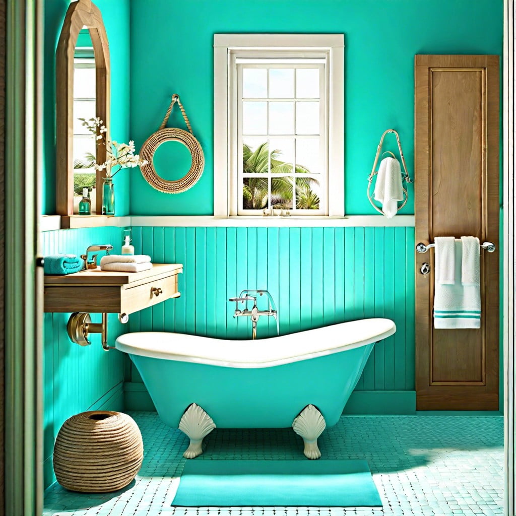 aqua color bathroom trim to provide a beachy feel