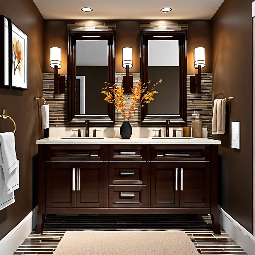 artistic sconces above dark brown vanity