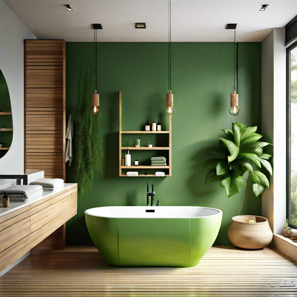 bathroom with a green freestanding tub