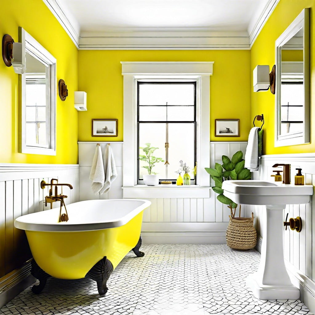 bright lemon yellow trim in a white bathroom