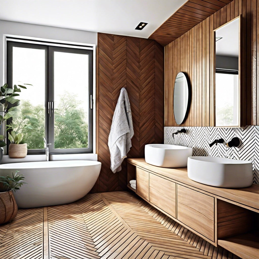 chevron pattern wood trim in minimalist bathroom