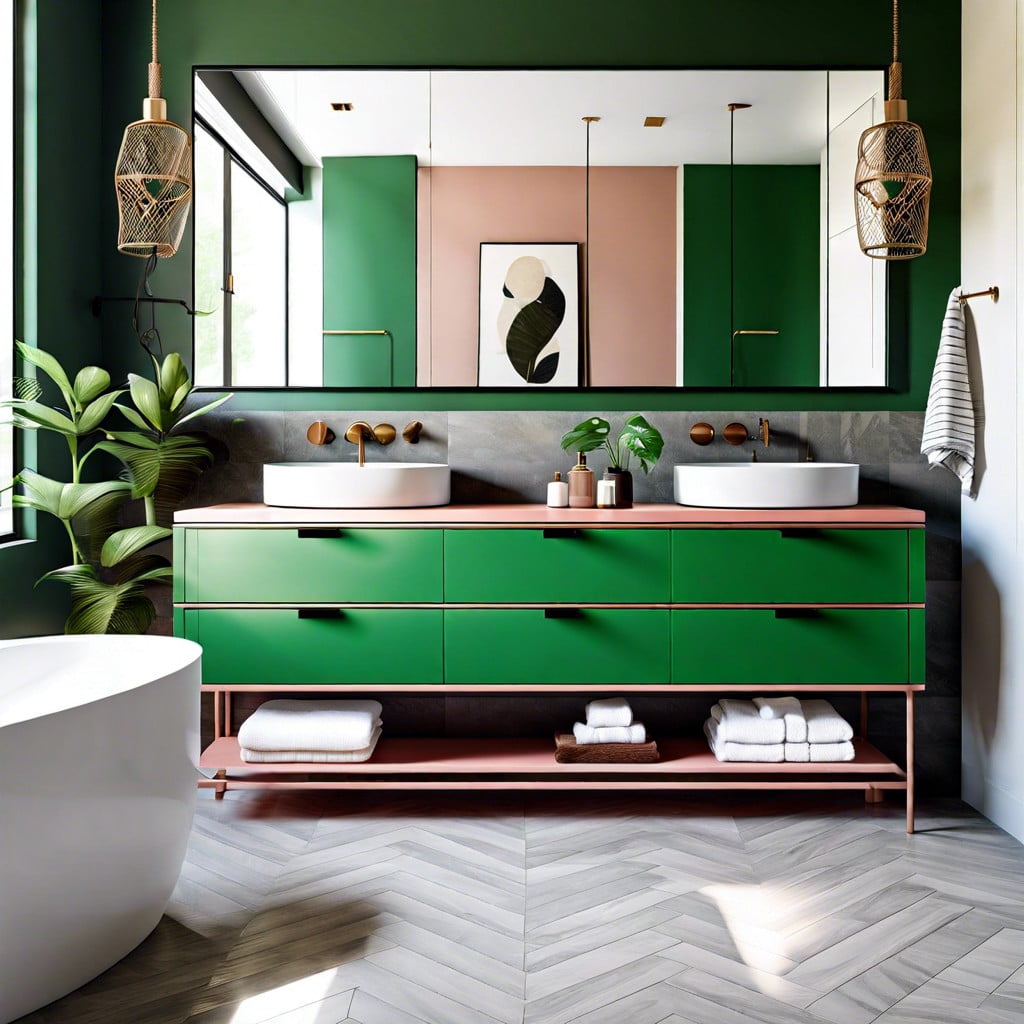 color block bathroom with green vanity