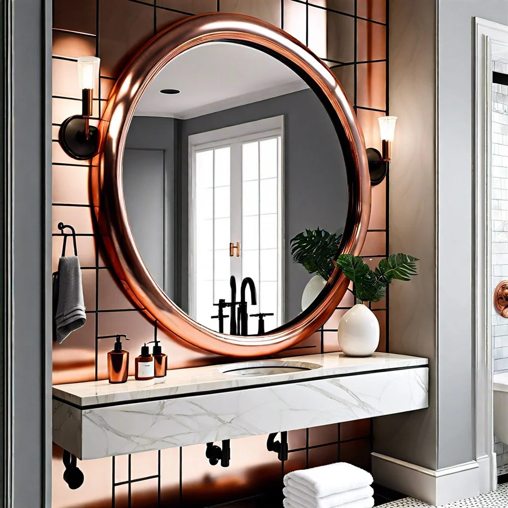 copper trim framing mirrors in bathroom