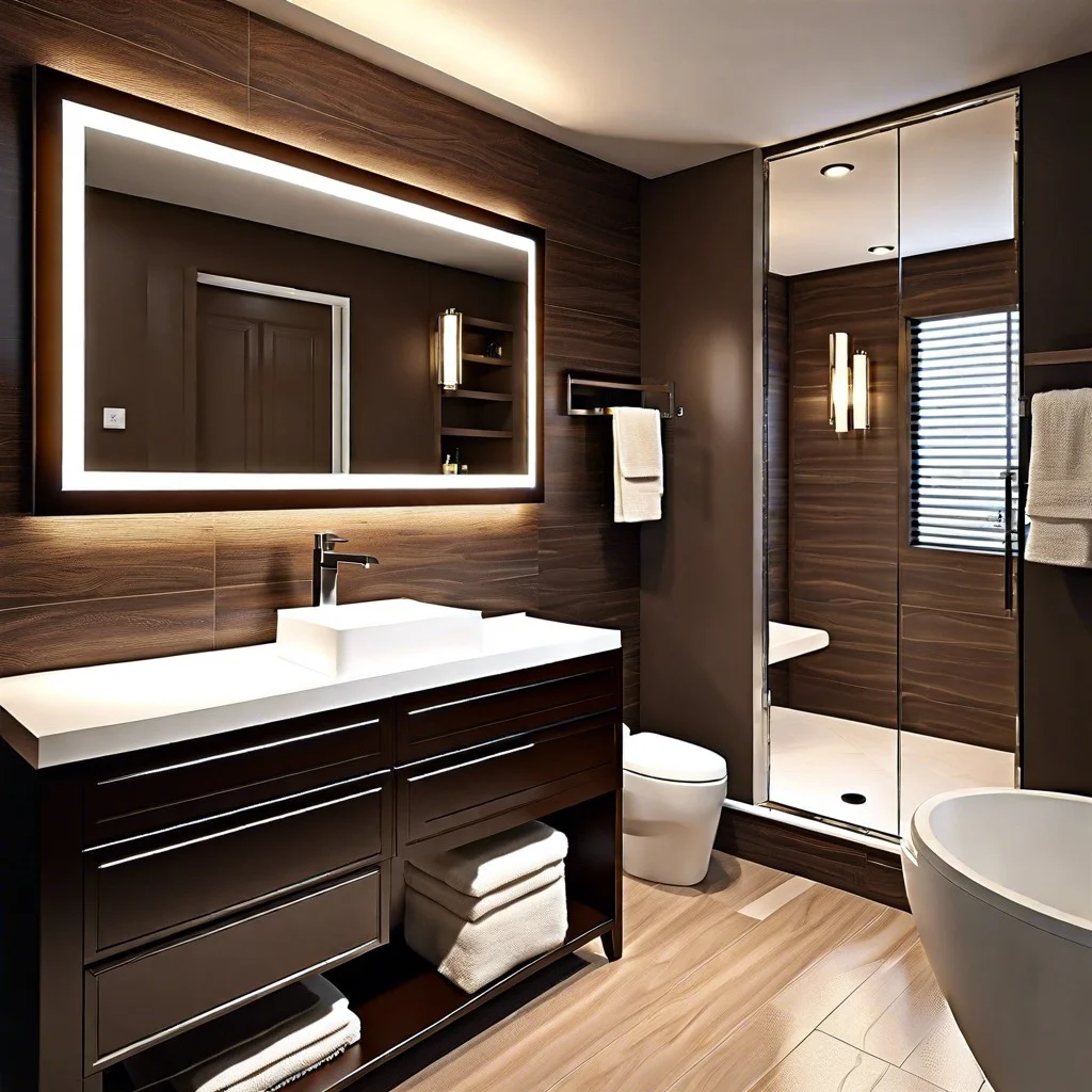 dark brown vanity and backlit mirror design