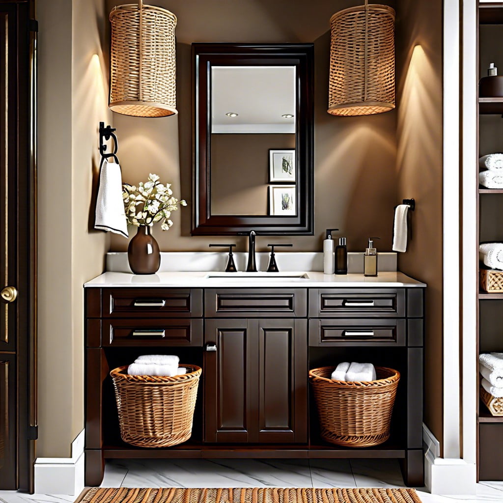 dark brown vanity and wicker baskets for storage