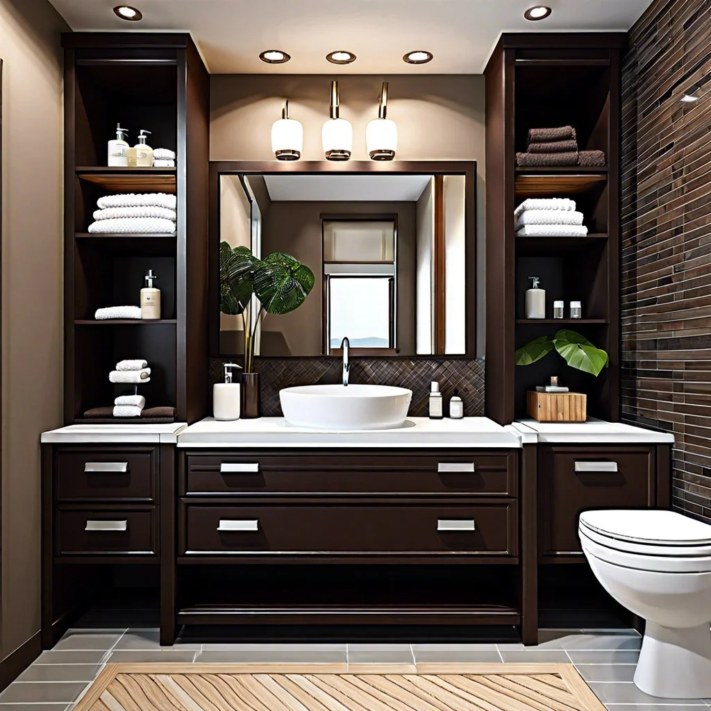 dark brown vanity with open shelving design